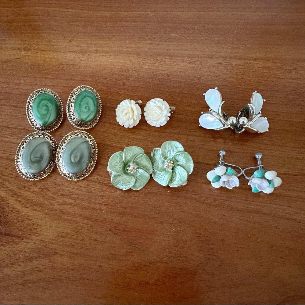 Vintage Clip On Earrings Lot of 6 Antique Jewelry Earrings Sage Sea green Gold